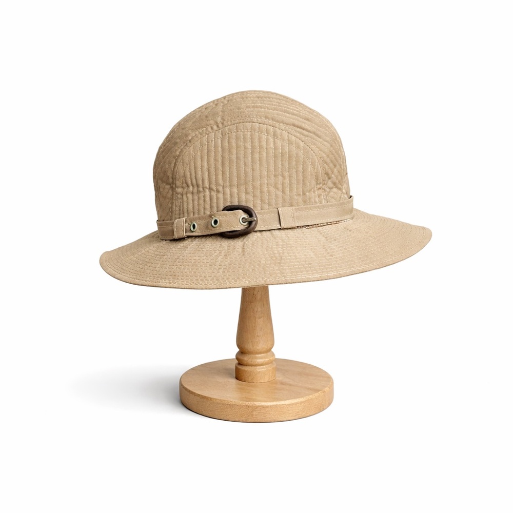 Halston Heritage Beige Quilted Wide Brim Bucket Hat Buckle Detail